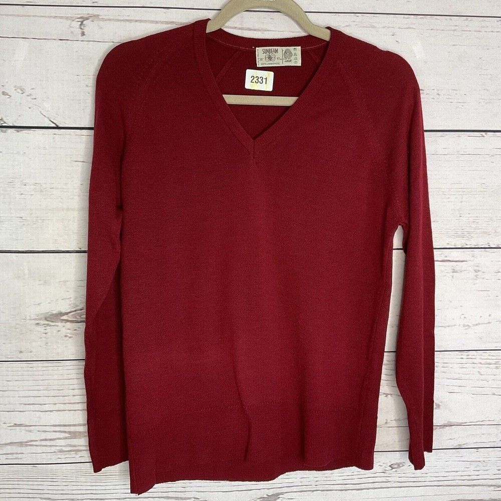 Vintage‎ Sunbeam 100% Lambw Wool V-Neck Sweater Women Size L Burgundy Ireland